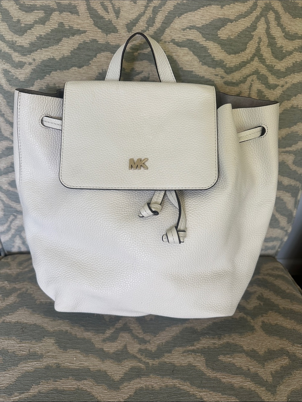 Michael Kors White Pebbled Leather Drawstring Flap Backpack with Gold MK